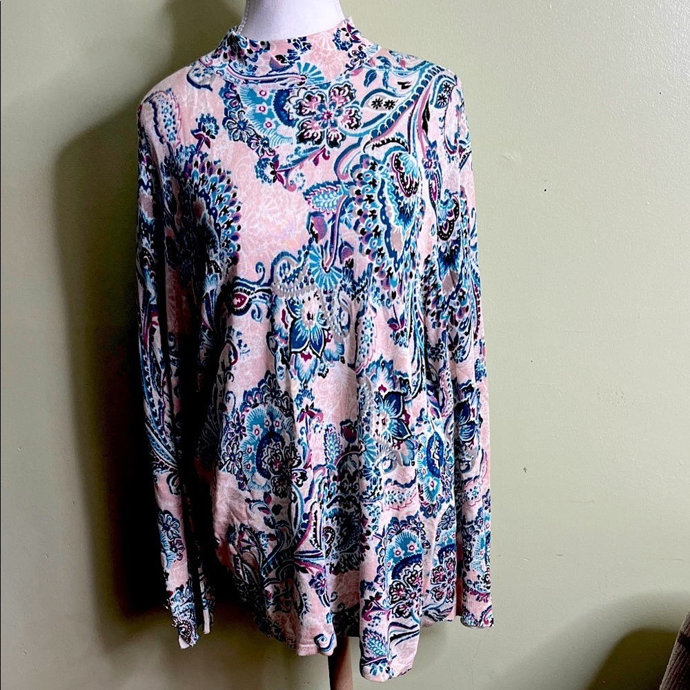 CHICO’S Paisley exposed zipper Mock Neck Pullover lightweight sweater, size XL